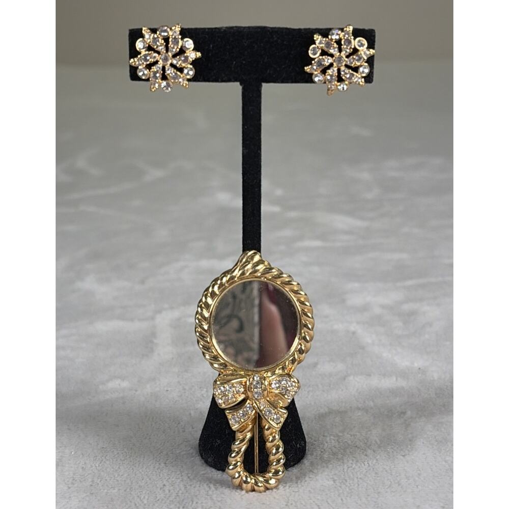 Vintage Midcentury Swan Marked Swarovski Crystal Hand Mirror Brooch & Earrings